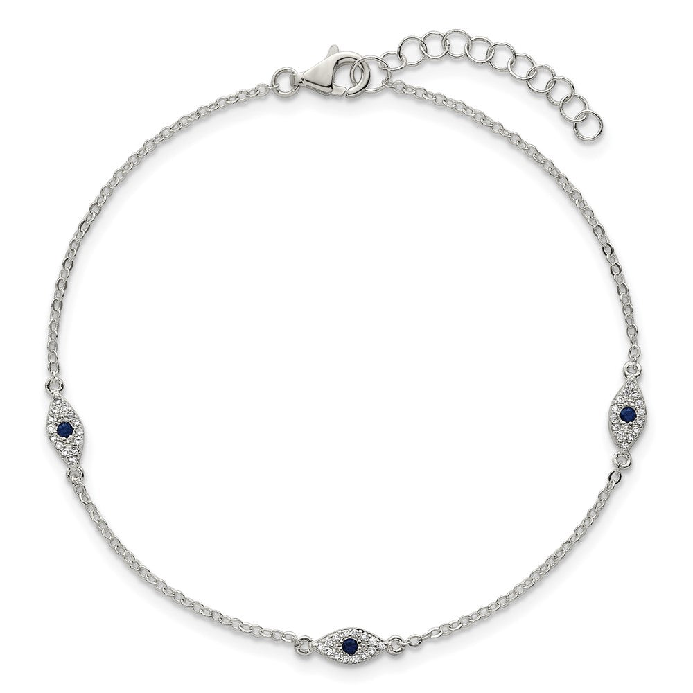 Sterling Silver Polished Blue and White CZ Evil Eye 7in W/ 1in Ext Bracelet