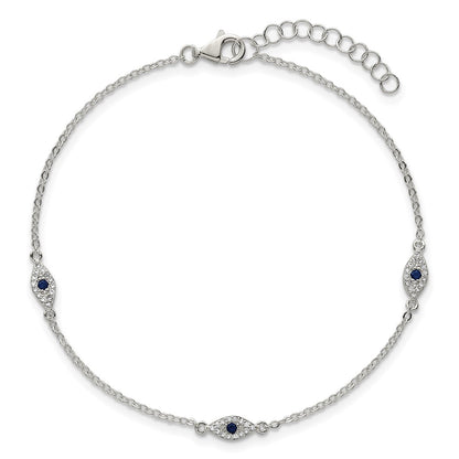 Sterling Silver Polished Blue and White CZ Evil Eye 7in W/ 1in Ext Bracelet