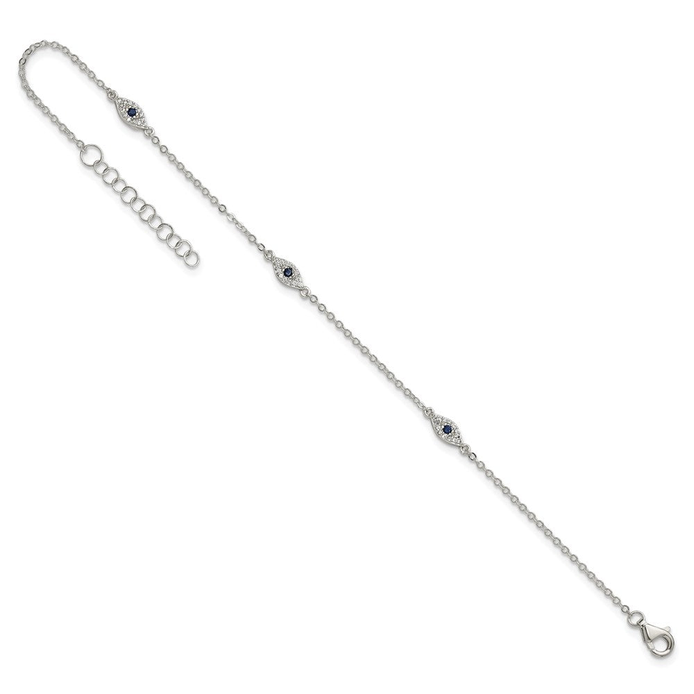 Sterling Silver Polished Blue and White CZ Evil Eye 7in W/ 1in Ext Bracelet