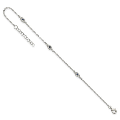 Sterling Silver Polished Blue and White CZ Evil Eye 7in W/ 1in Ext Bracelet