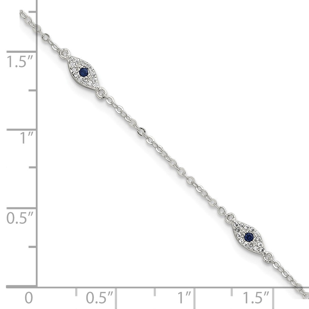 Sterling Silver Polished Blue and White CZ Evil Eye 7in W/ 1in Ext Bracelet