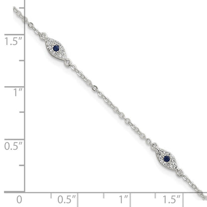 Sterling Silver Polished Blue and White CZ Evil Eye 7in W/ 1in Ext Bracelet