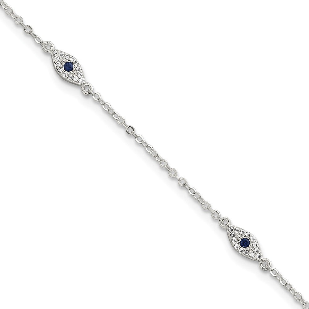 Sterling Silver Polished Blue and White CZ Evil Eye 7in W/ 1in Ext Bracelet