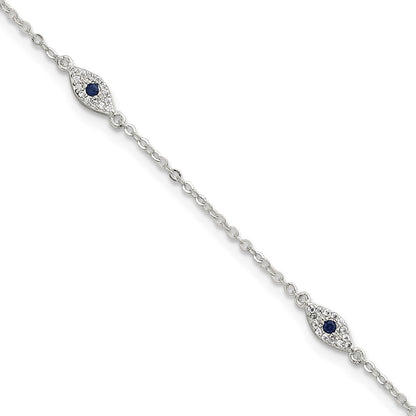 Sterling Silver Polished Blue and White CZ Evil Eye 7in W/ 1in Ext Bracelet