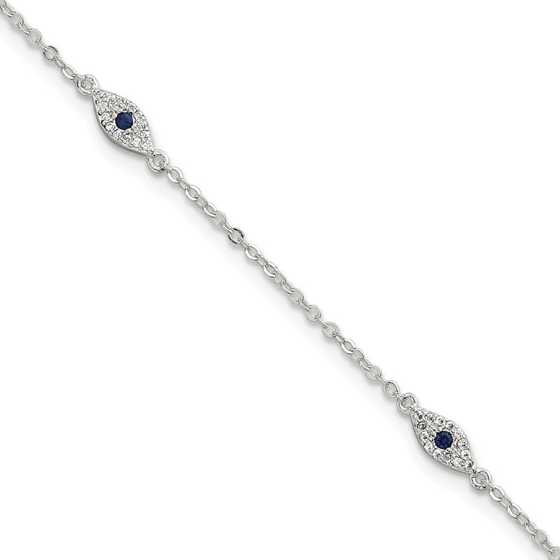 Sterling Silver Polished Blue and White CZ Evil Eye 7in W/ 1in Ext Bracelet