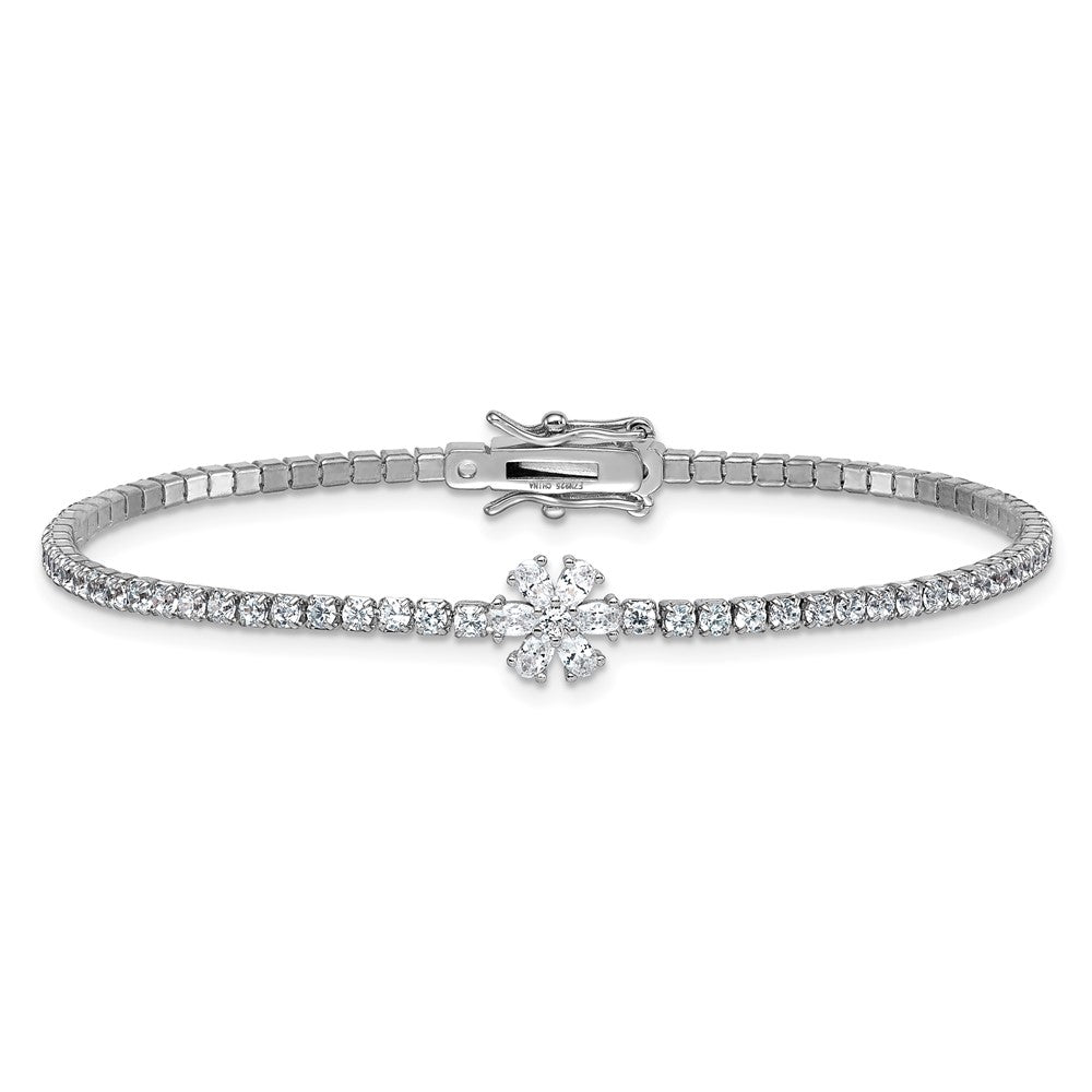 Sterling Silver Rhodium-Plated Polished CZ Flower Tennis Bracelet