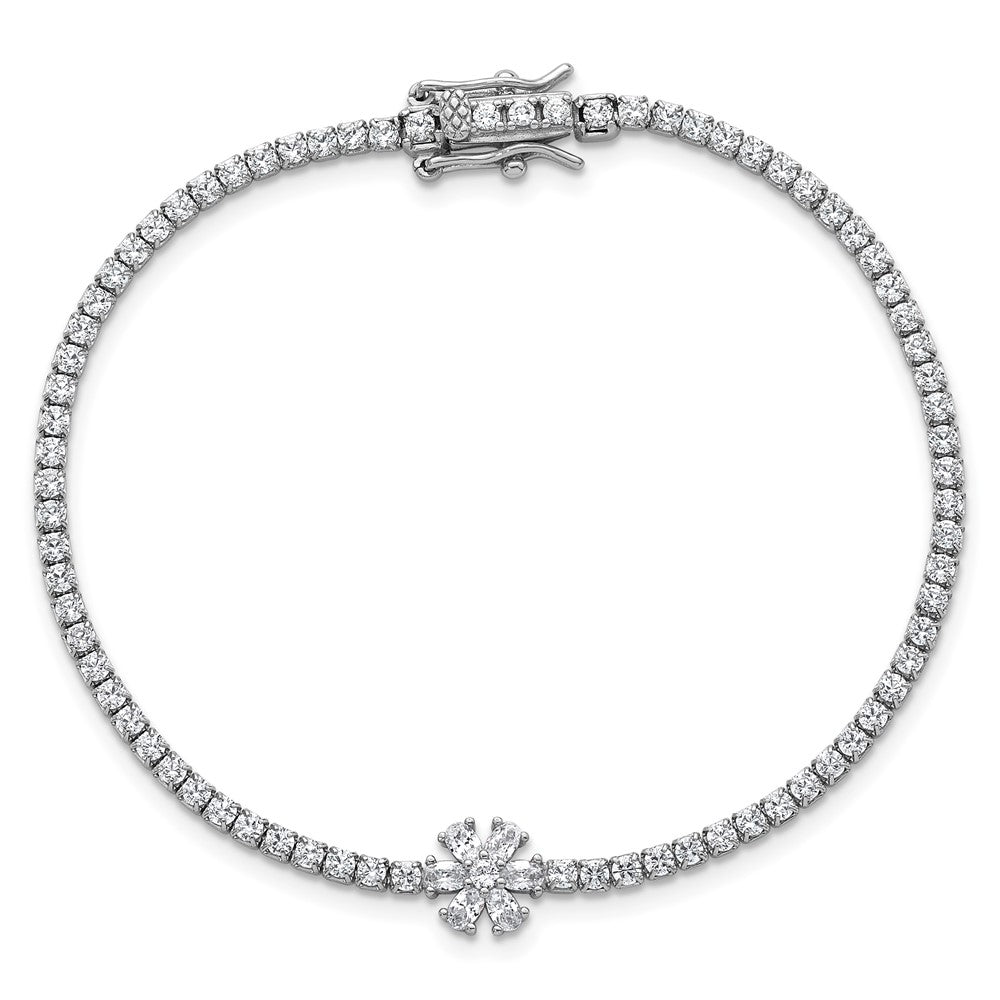 Sterling Silver Rhodium-Plated Polished CZ Flower Tennis Bracelet