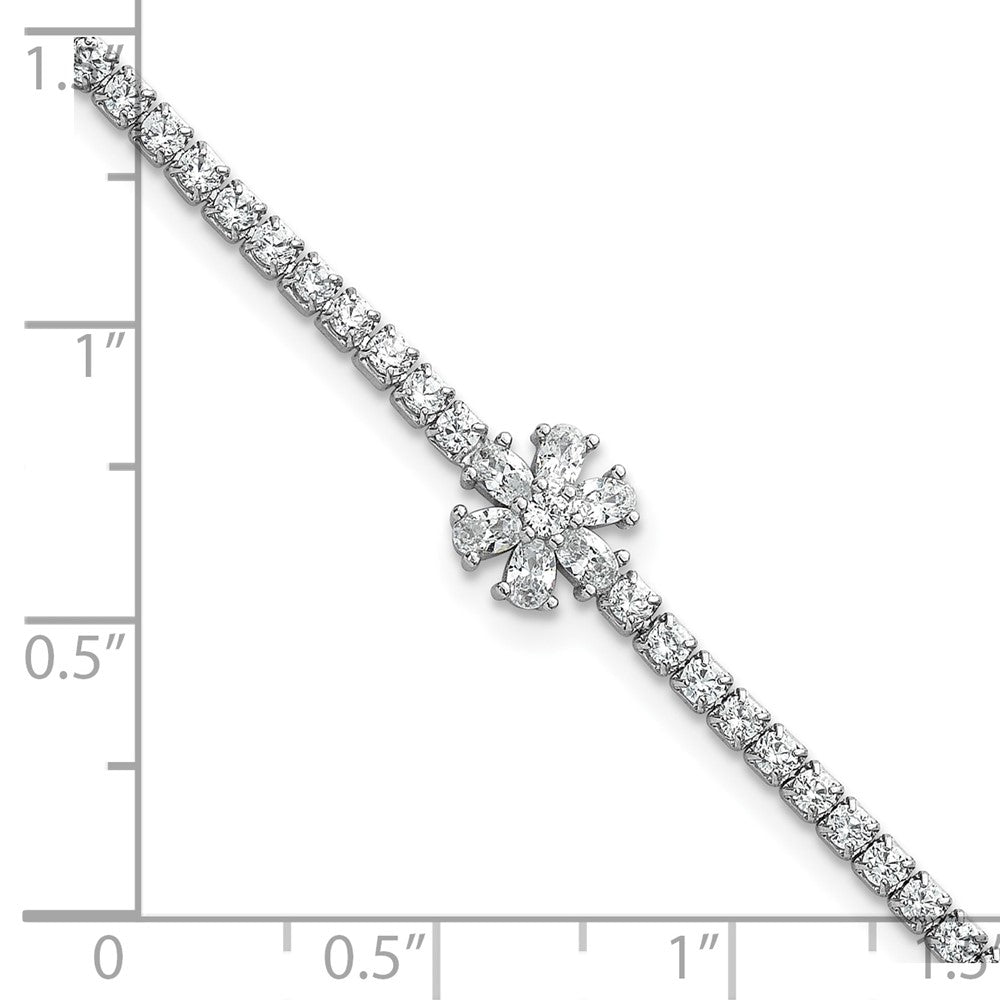 Sterling Silver Rhodium-Plated Polished CZ Flower Tennis Bracelet