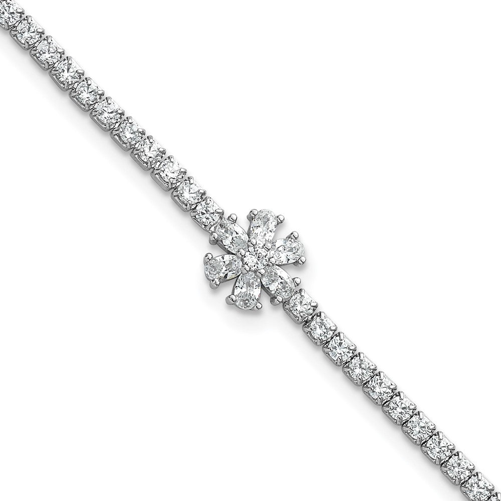 Sterling Silver Rhodium-Plated Polished CZ Flower Tennis Bracelet