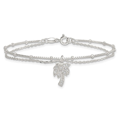 Sterling Silver Polished and Beaded CZ Palm Tree 2-Strand Bracelet
