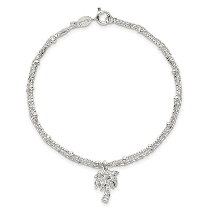 Sterling Silver Polished and Beaded CZ Palm Tree 2-Strand Bracelet