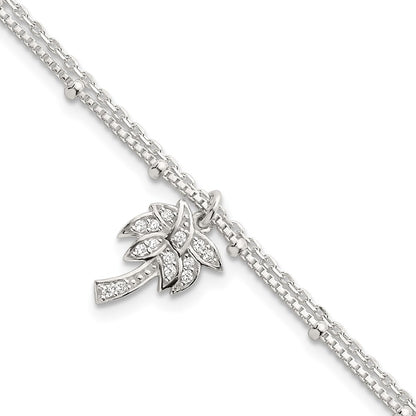 Sterling Silver Polished and Beaded CZ Palm Tree 2-Strand Bracelet
