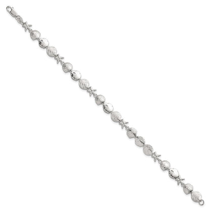 Sterling Silver Polished Textured Starfish and Sea Shell 7.25in Bracelet