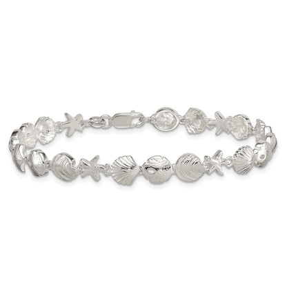Sterling Silver Polished Textured Starfish and Sea Shell 7.25in Bracelet