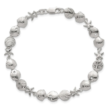 Sterling Silver Polished Textured Starfish and Sea Shell 7.25in Bracelet