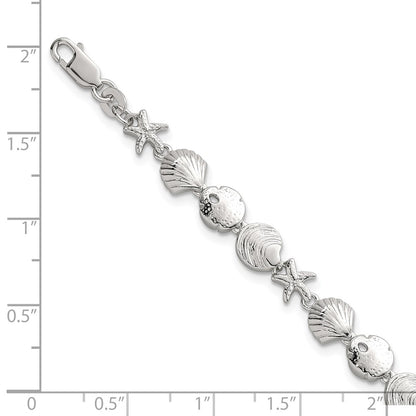Sterling Silver Polished Textured Starfish and Sea Shell 7.25in Bracelet