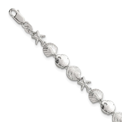 Sterling Silver Polished Textured Starfish and Sea Shell 7.25in Bracelet