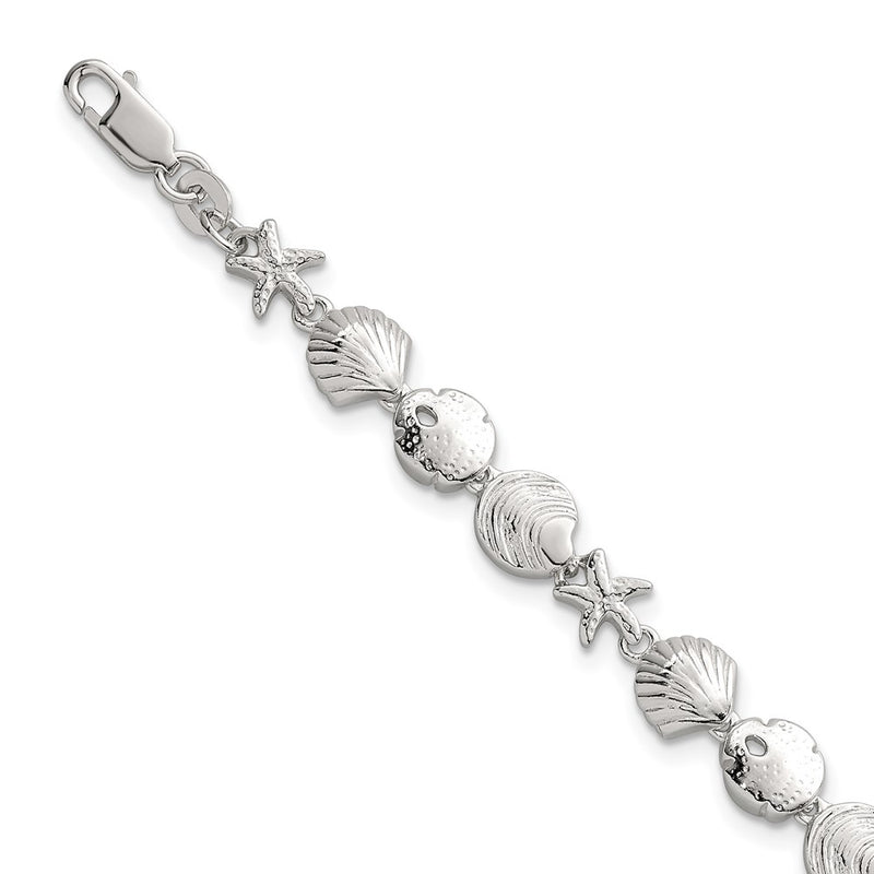 Sterling Silver Polished Textured Starfish and Sea Shell 7.25in Bracelet