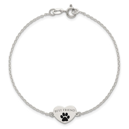 Sterling Silver Polished Enameled Pawprint Heart Best Friend Bracelet