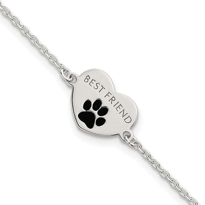 Sterling Silver Polished Enameled Pawprint Heart Best Friend Bracelet