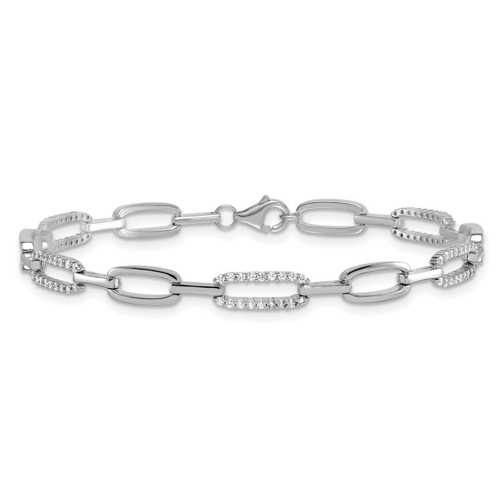 Sterling Silver Rhodium Plated Polished CZ Link 7 Inch Bracelet