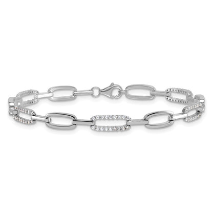 Sterling Silver Rhodium Plated Polished CZ Link 7 Inch Bracelet