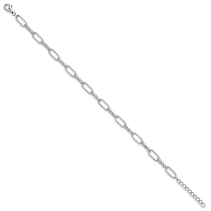 Sterling Silver Rhodium Plated Polished CZ Link 7in w/1in Ext Bracelet
