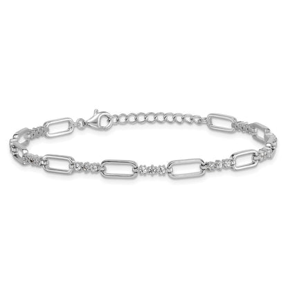 Sterling Silver Rhodium Plated Polished CZ Link 7in w/1in Ext Bracelet