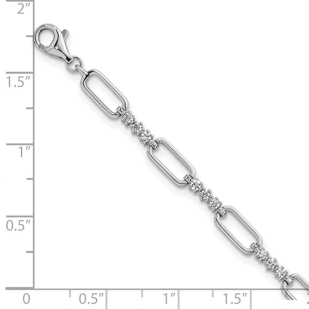 Sterling Silver Rhodium Plated Polished CZ Link 7in w/1in Ext Bracelet