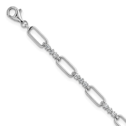 Sterling Silver Rhodium Plated Polished CZ Link 7in w/1in Ext Bracelet