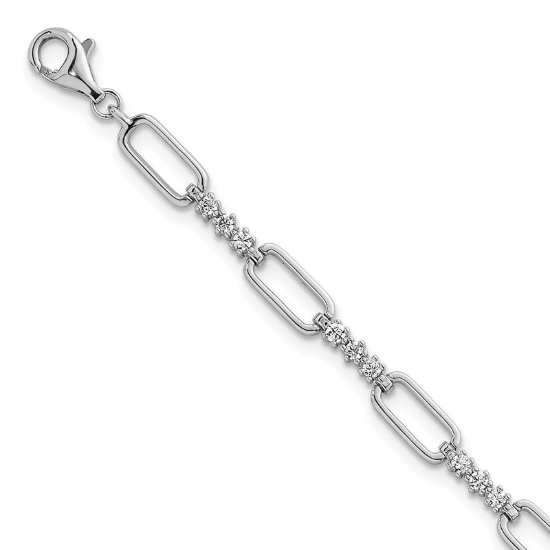 Sterling Silver Rhodium Plated Polished CZ Link 7in w/1in Ext Bracelet