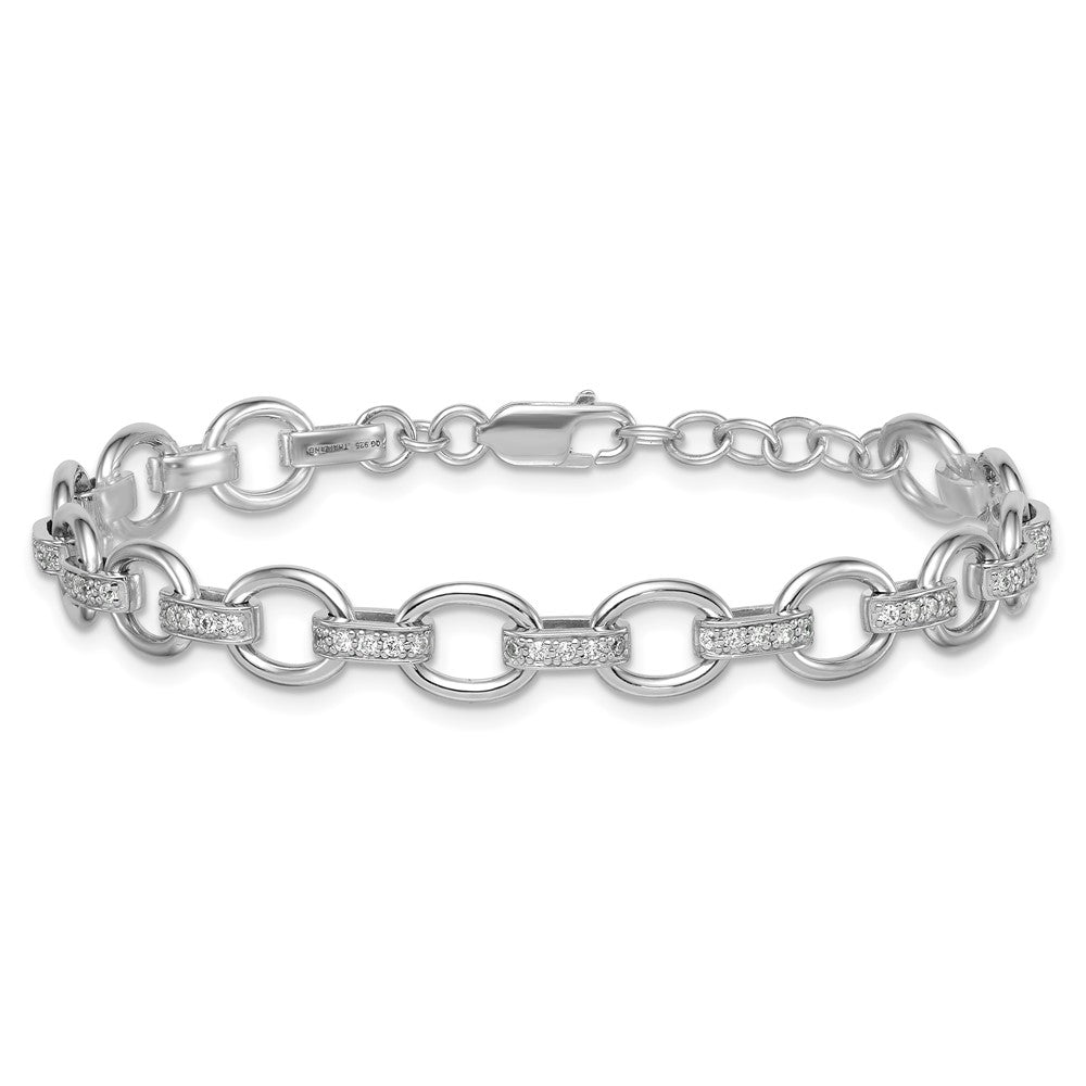 Sterling Silver Rhodium Plated CZ 7in w/.75in Ext. Fancy Link Bracelet