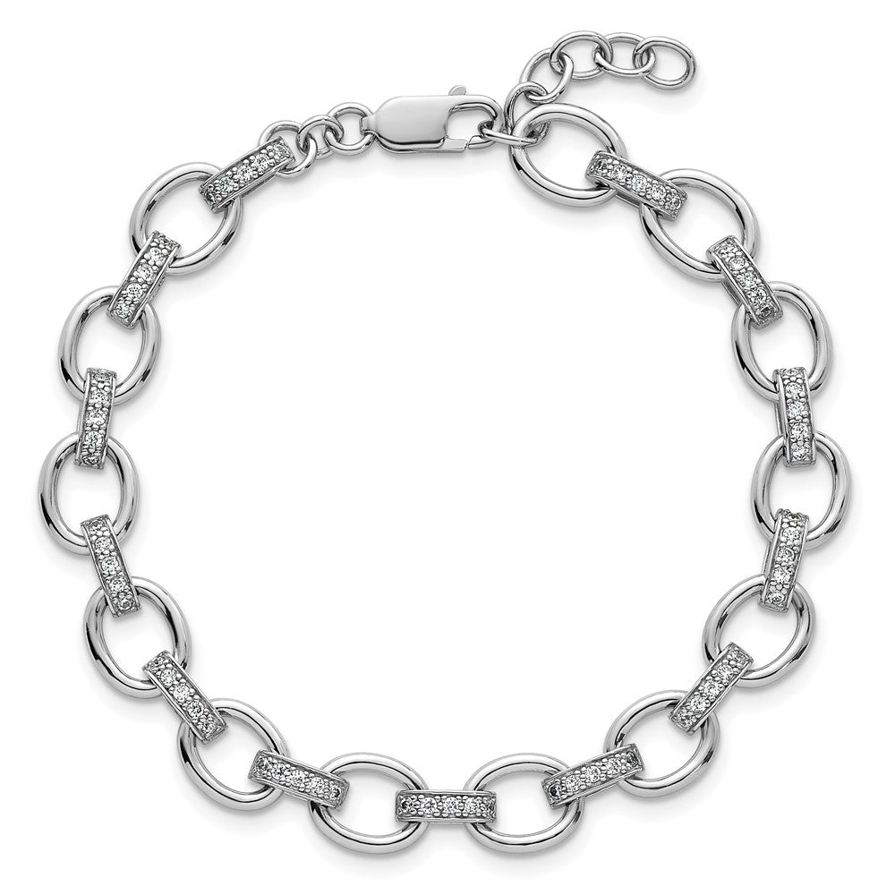 Sterling Silver Rhodium Plated CZ 7in w/.75in Ext. Fancy Link Bracelet