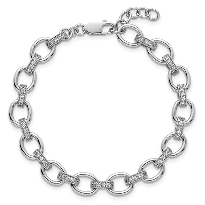 Sterling Silver Rhodium Plated CZ 7in w/.75in Ext. Fancy Link Bracelet