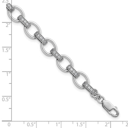 Sterling Silver Rhodium Plated CZ 7in w/.75in Ext. Fancy Link Bracelet