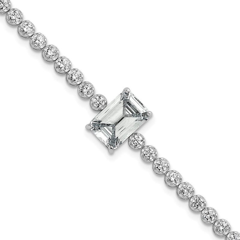 Sterling Silver Rhodium Plated Polished Round and Rectangle CZ 7.25in Bracelet