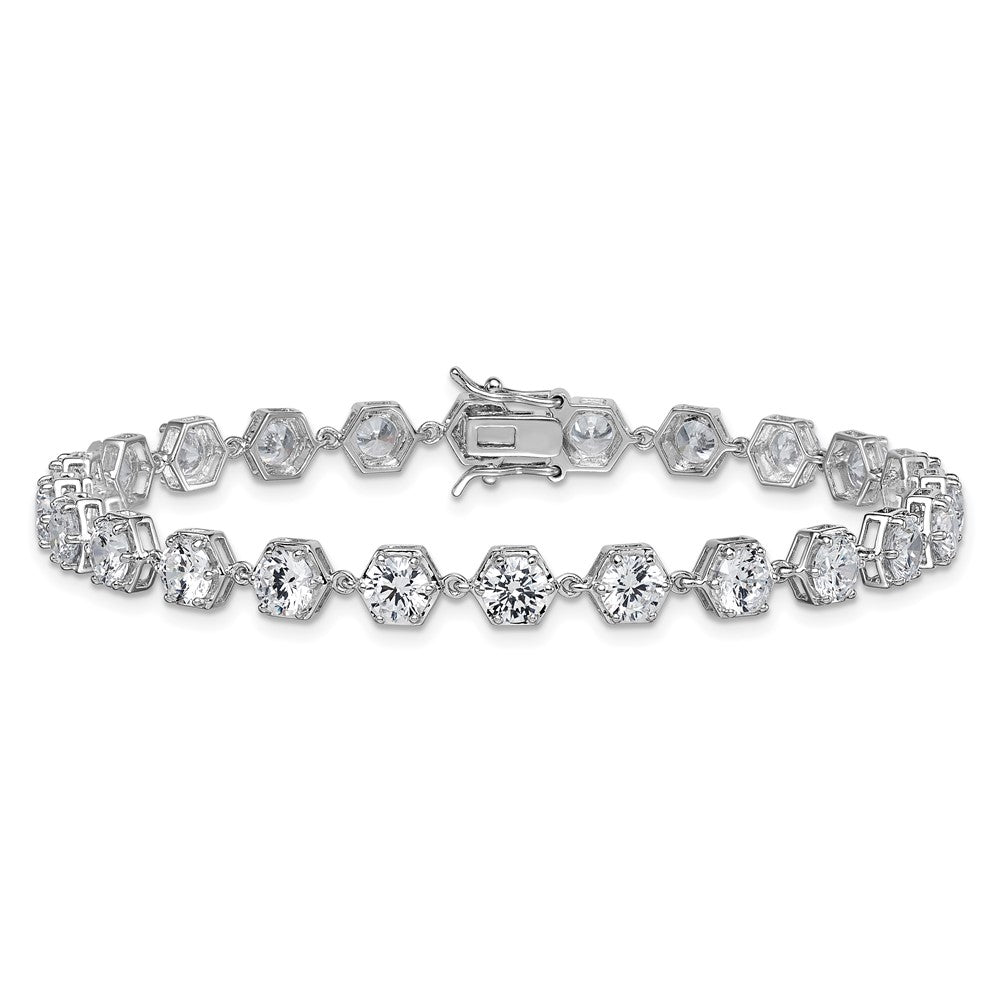 Sterling Silver Rhodium Plated Polished CZ Hexagon 8 Inch Bracelet