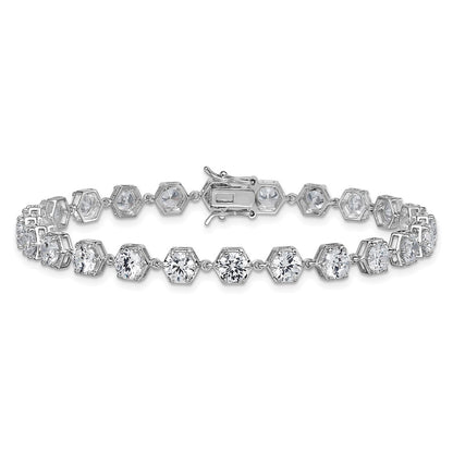 Sterling Silver Rhodium Plated Polished CZ Hexagon 8 Inch Bracelet