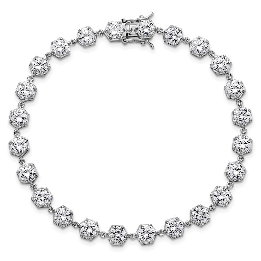 Sterling Silver Rhodium Plated Polished CZ Hexagon 8 Inch Bracelet