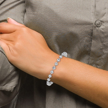 Sterling Silver Rhodium Plated Polished CZ Hexagon 8 Inch Bracelet