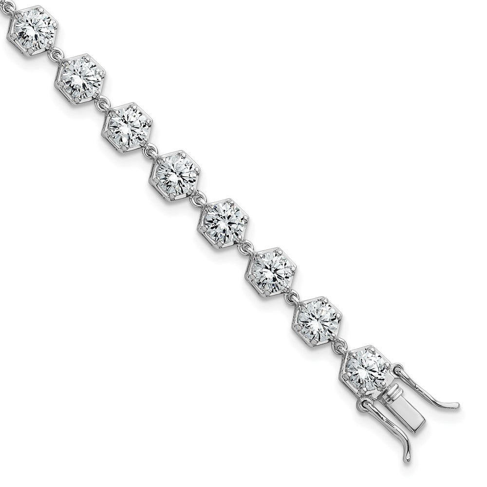 Sterling Silver Rhodium Plated Polished CZ Hexagon 8 Inch Bracelet
