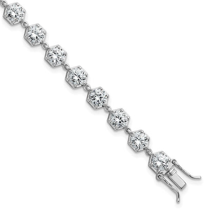 Sterling Silver Rhodium Plated Polished CZ Hexagon 8 Inch Bracelet