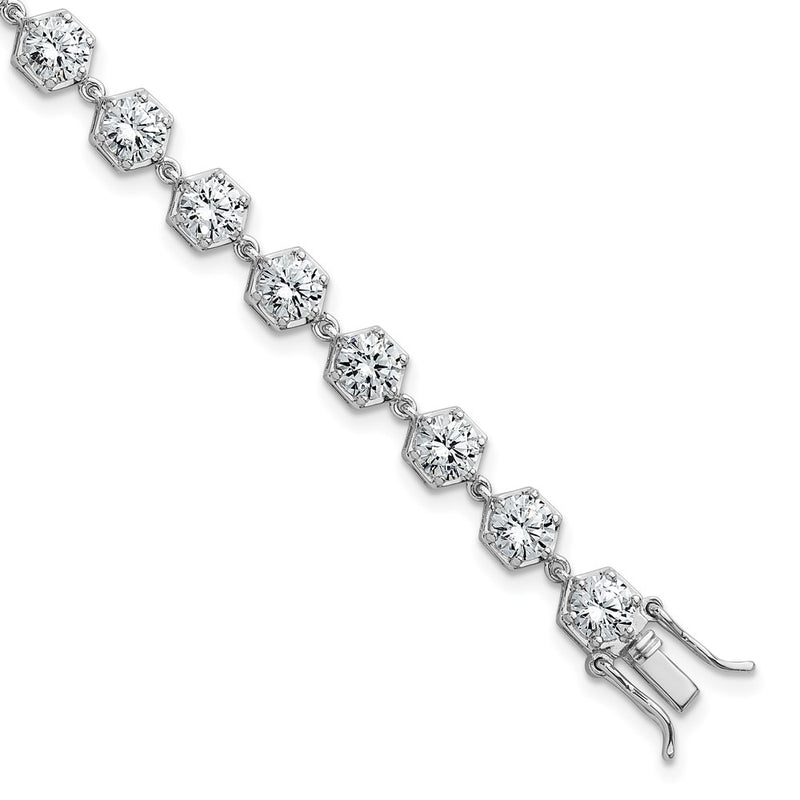 Sterling Silver Rhodium Plated Polished CZ Hexagon 8 Inch Bracelet