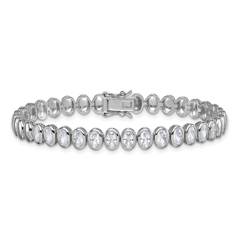Sterling Silver Rhodium Plated Polished Oval Bezel CZ 7.25 Inch Bracelet