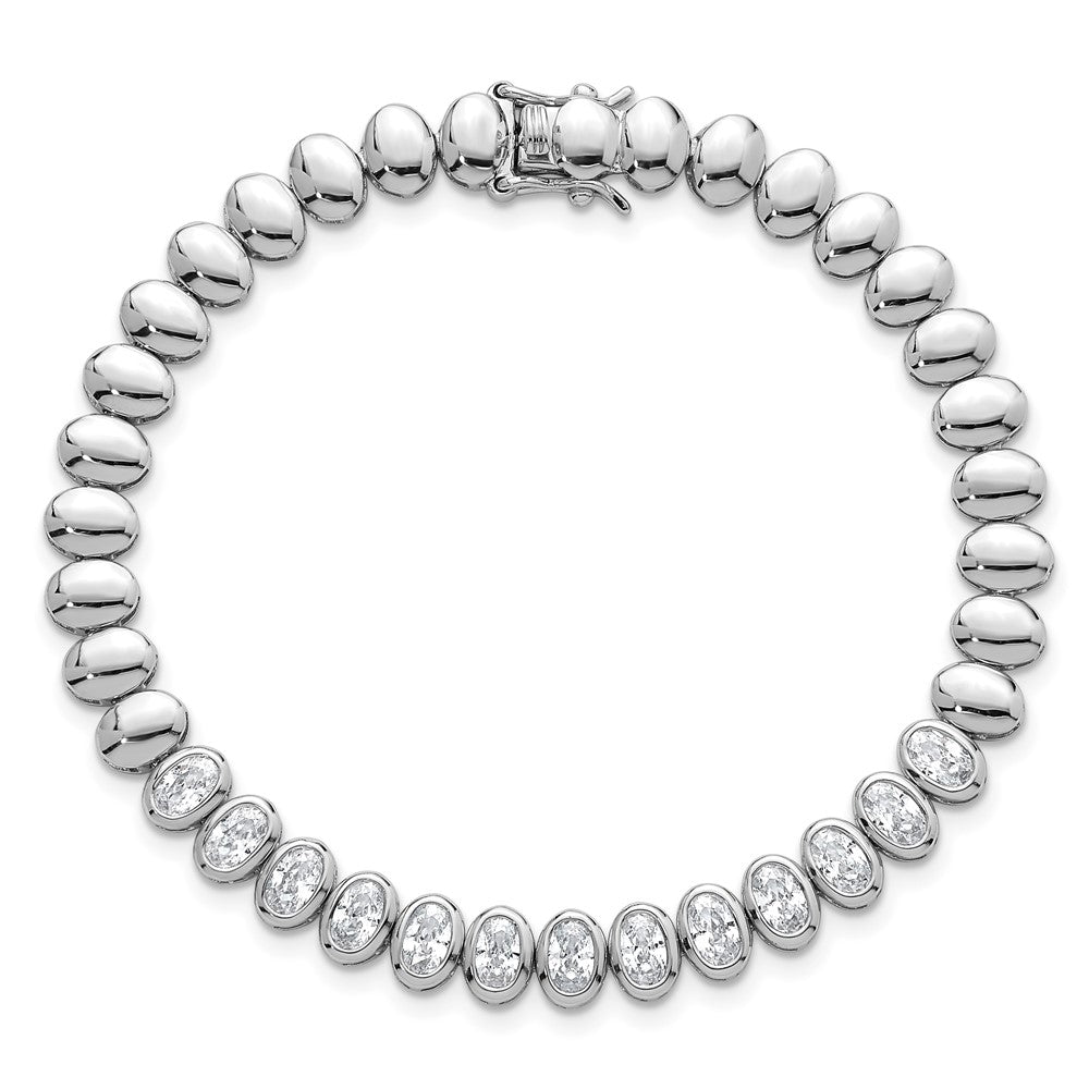 Sterling Silver Rhodium Plated Polished Oval Bezel CZ 7.25 Inch Bracelet