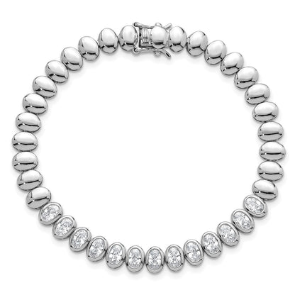 Sterling Silver Rhodium Plated Polished Oval Bezel CZ 7.25 Inch Bracelet