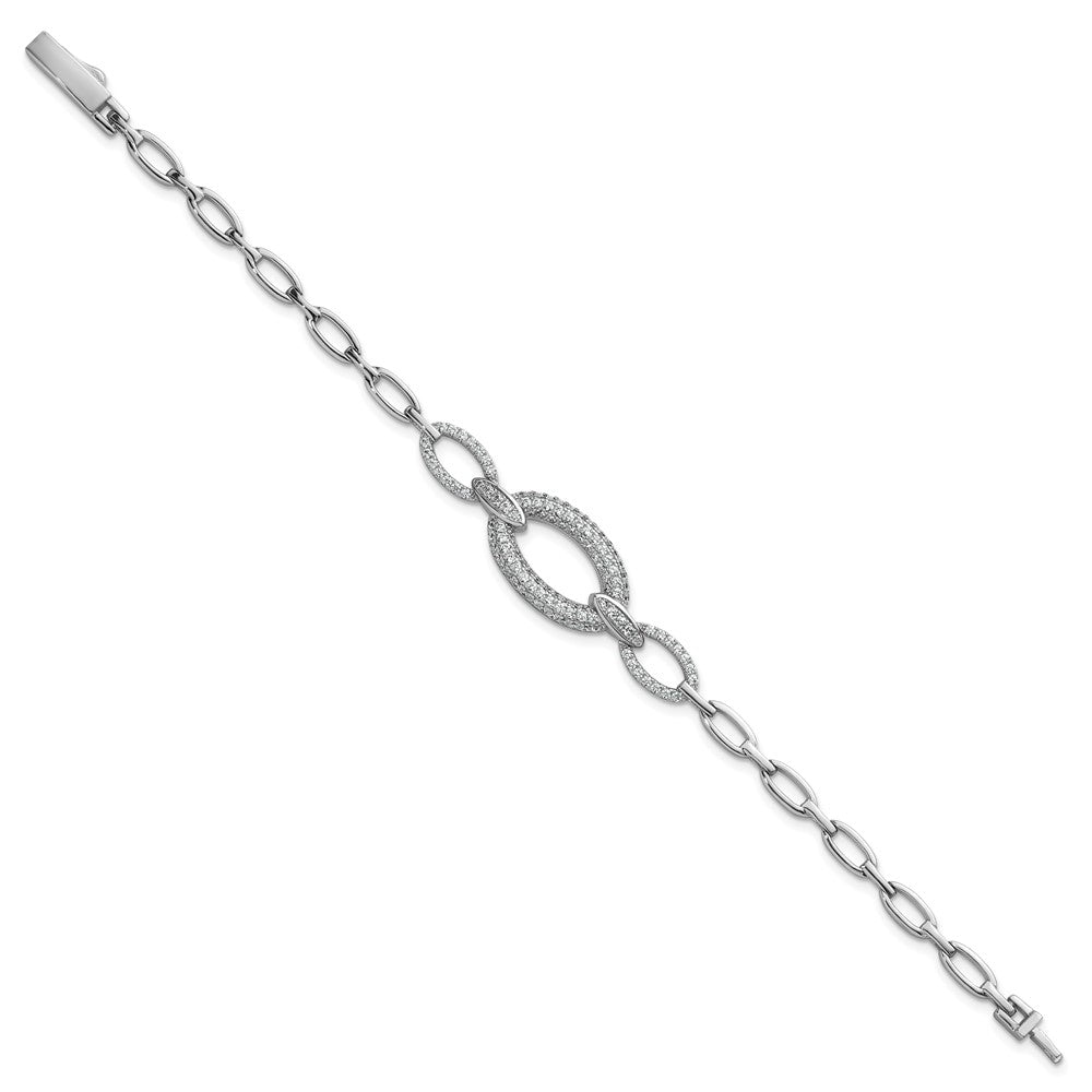 Sterling Silver Rhodium-Plated CZ Oval Link 7in Bracelet