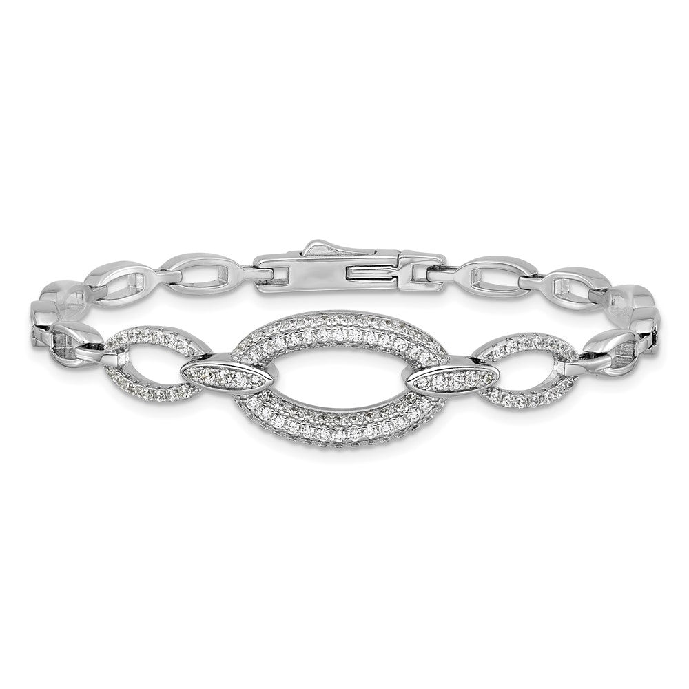 Sterling Silver Rhodium-Plated CZ Oval Link 7in Bracelet