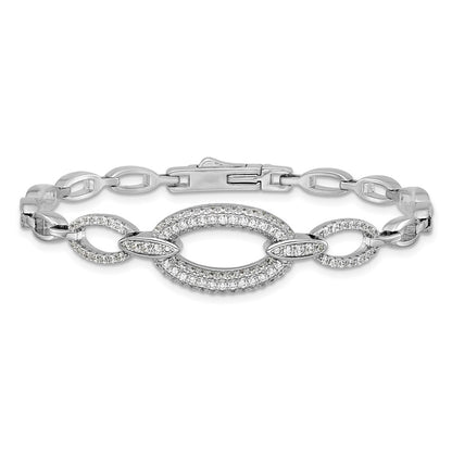 Sterling Silver Rhodium-Plated CZ Oval Link 7in Bracelet