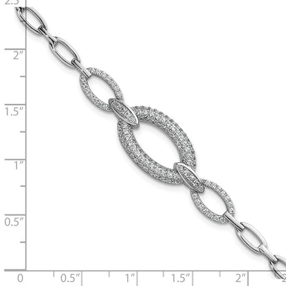 Sterling Silver Rhodium-Plated CZ Oval Link 7in Bracelet